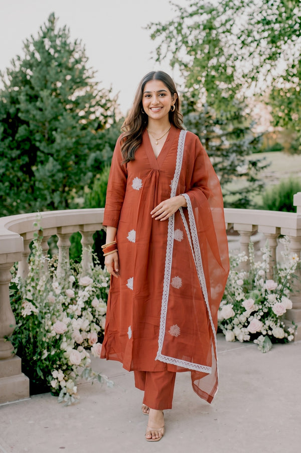 Rust Orange Embroidered Kurti Set with Pant & Dupatta | Maltoz
