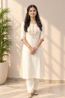 Cream Embroidered Cotton Blend Straight Kurti | Maltoz