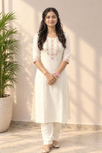 Cream Embroidered Cotton Blend Straight Kurti | Maltoz