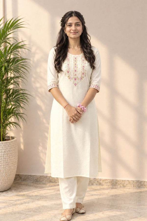 Cream Embroidered Cotton Blend Straight Kurti | Maltoz