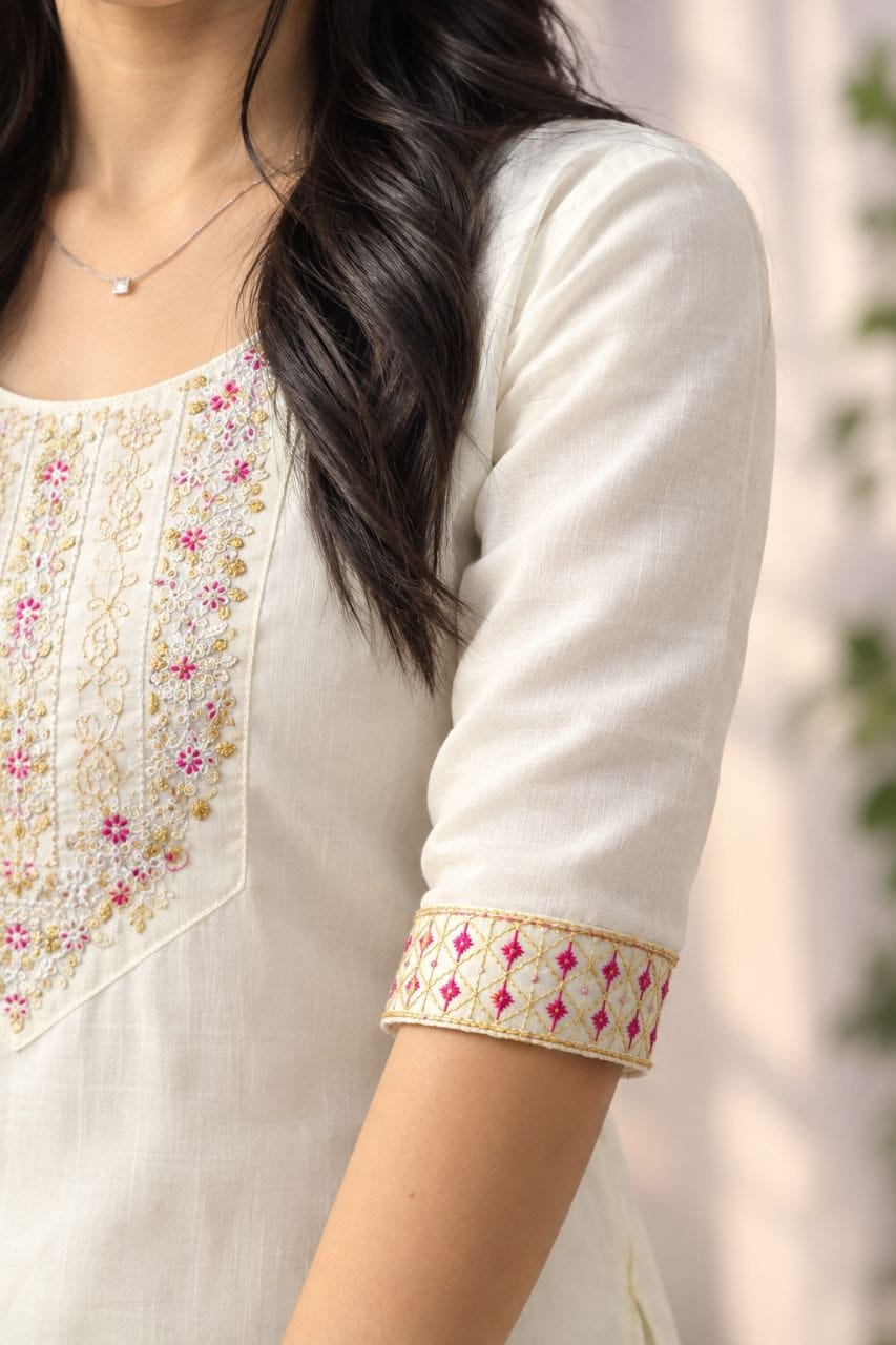 Cream Embroidered Cotton Blend Straight Kurti | Maltoz