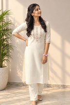 Cream Embroidered Cotton Blend Straight Kurti | Maltoz