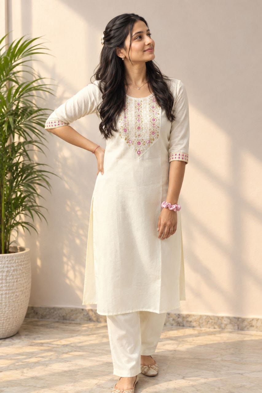 Cream Embroidered Cotton Blend Straight Kurti | Maltoz