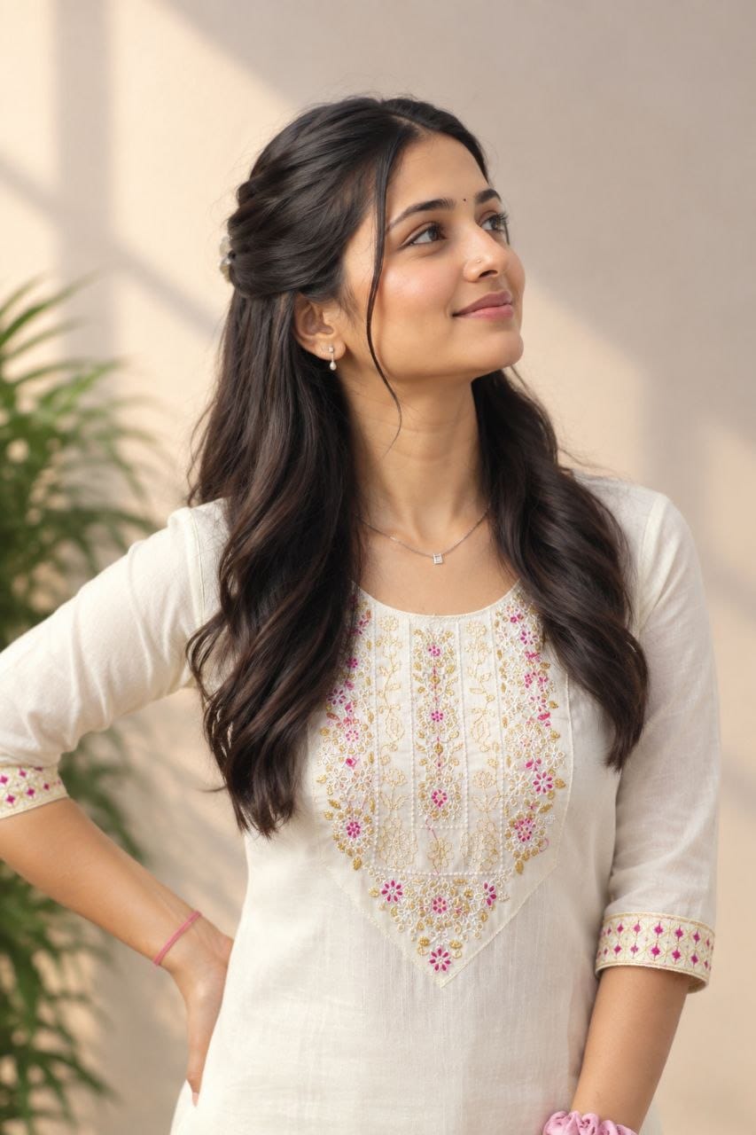 Cream Embroidered Cotton Blend Straight Kurti | Maltoz