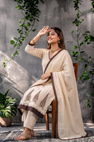 Cream & Brown Embroidered Kurti Set with Pant & Dupatta - Bhingadi | Maltoz