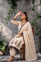Cream & Brown Embroidered Kurti Set with Pant & Dupatta - Bhingadi | Maltoz