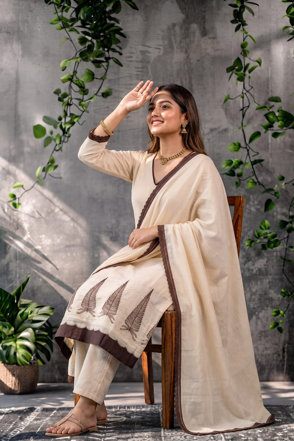Cream & Brown Embroidered Kurti Set with Pant & Dupatta - Bhingadi | Maltoz