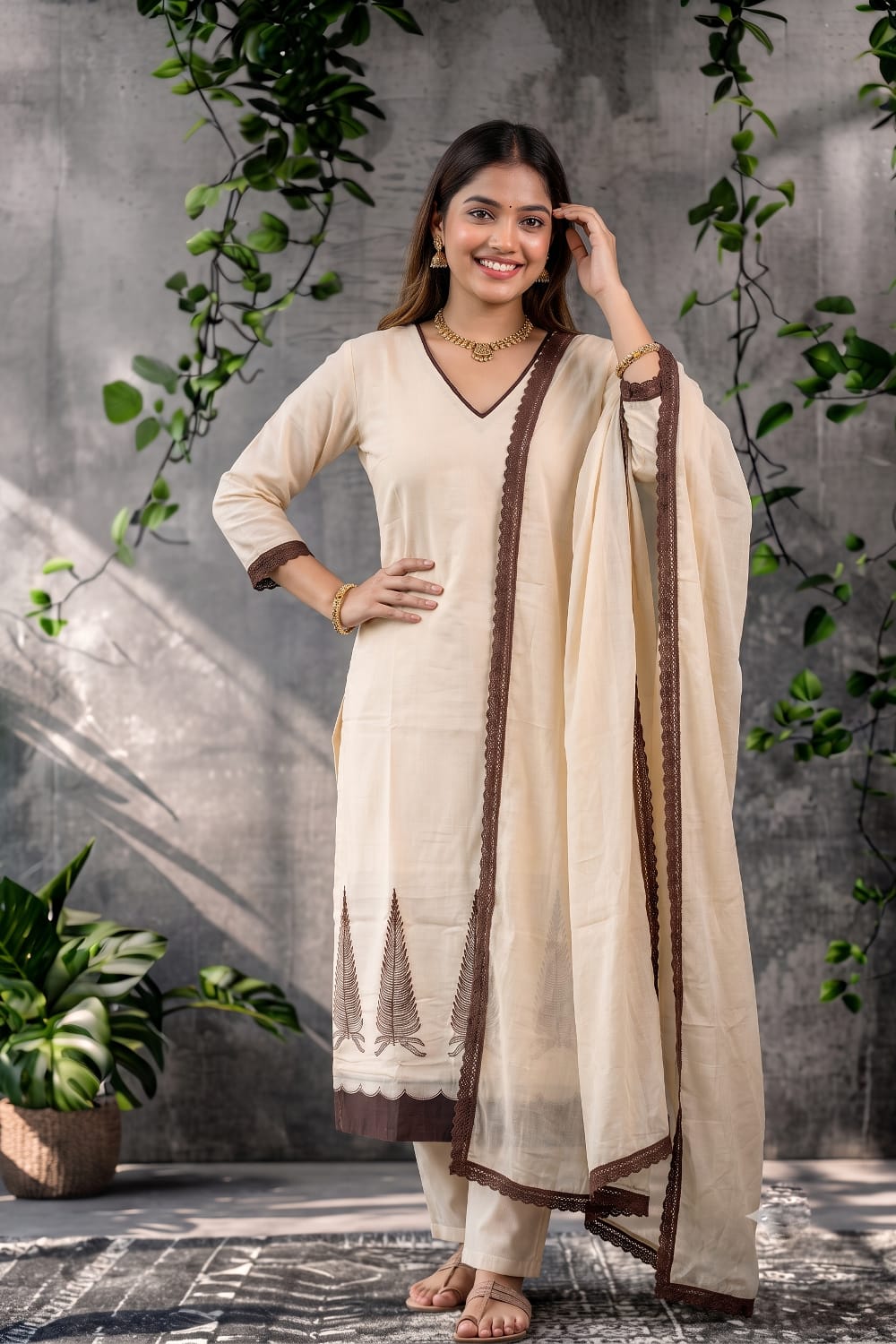 Cream & Brown Embroidered Kurti Set with Pant & Dupatta - Bhingadi | Maltoz