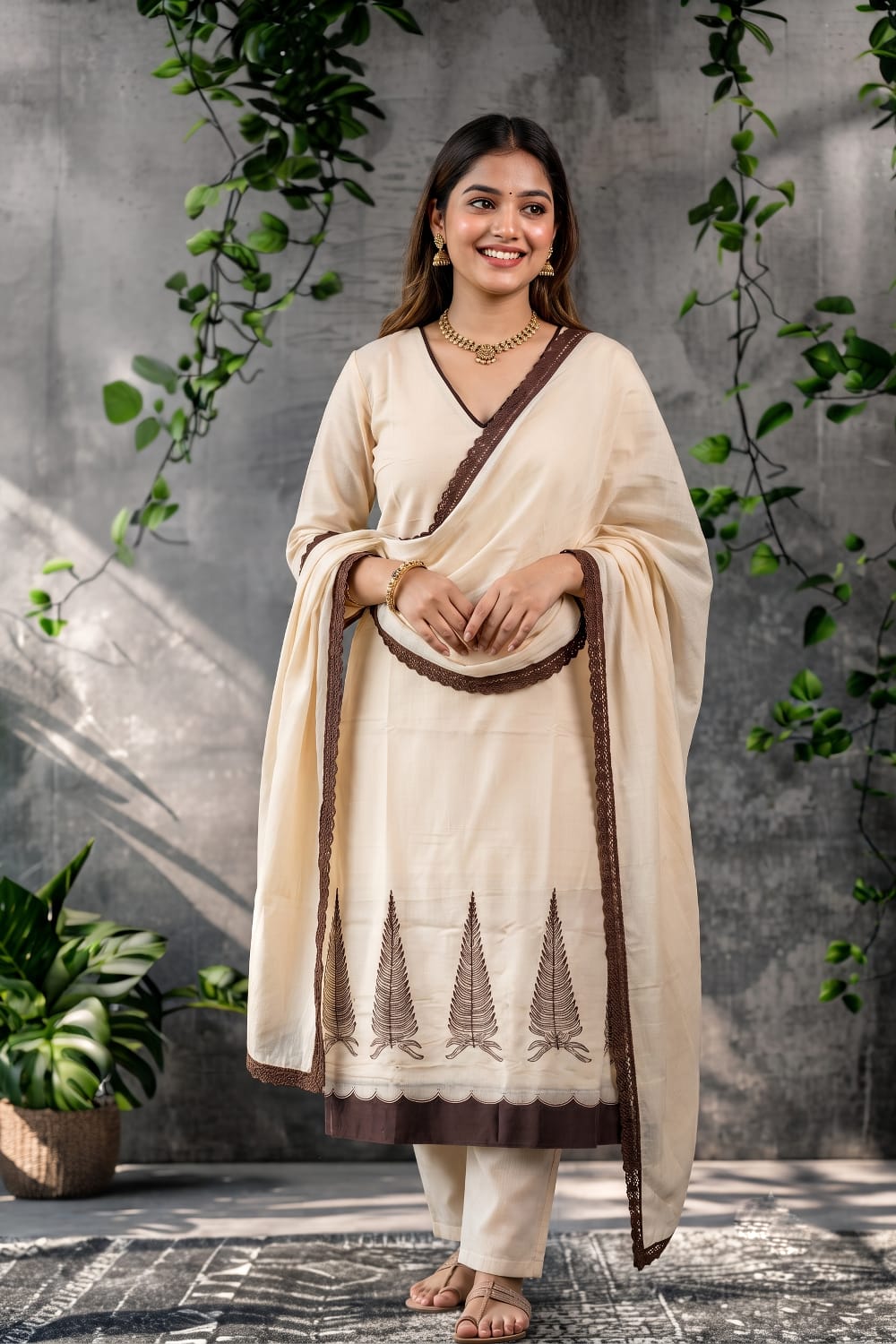 Cream & Brown Embroidered Kurti Set with Pant & Dupatta - Bhingadi | Maltoz
