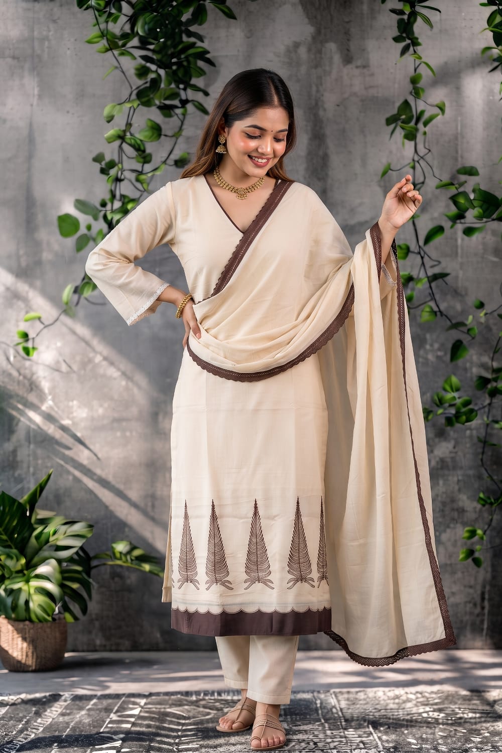 Cream & Brown Embroidered Kurti Set with Pant & Dupatta - Bhingadi | Maltoz