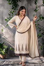 Cream & Brown Embroidered Kurti Set with Pant & Dupatta - Bhingadi | Maltoz