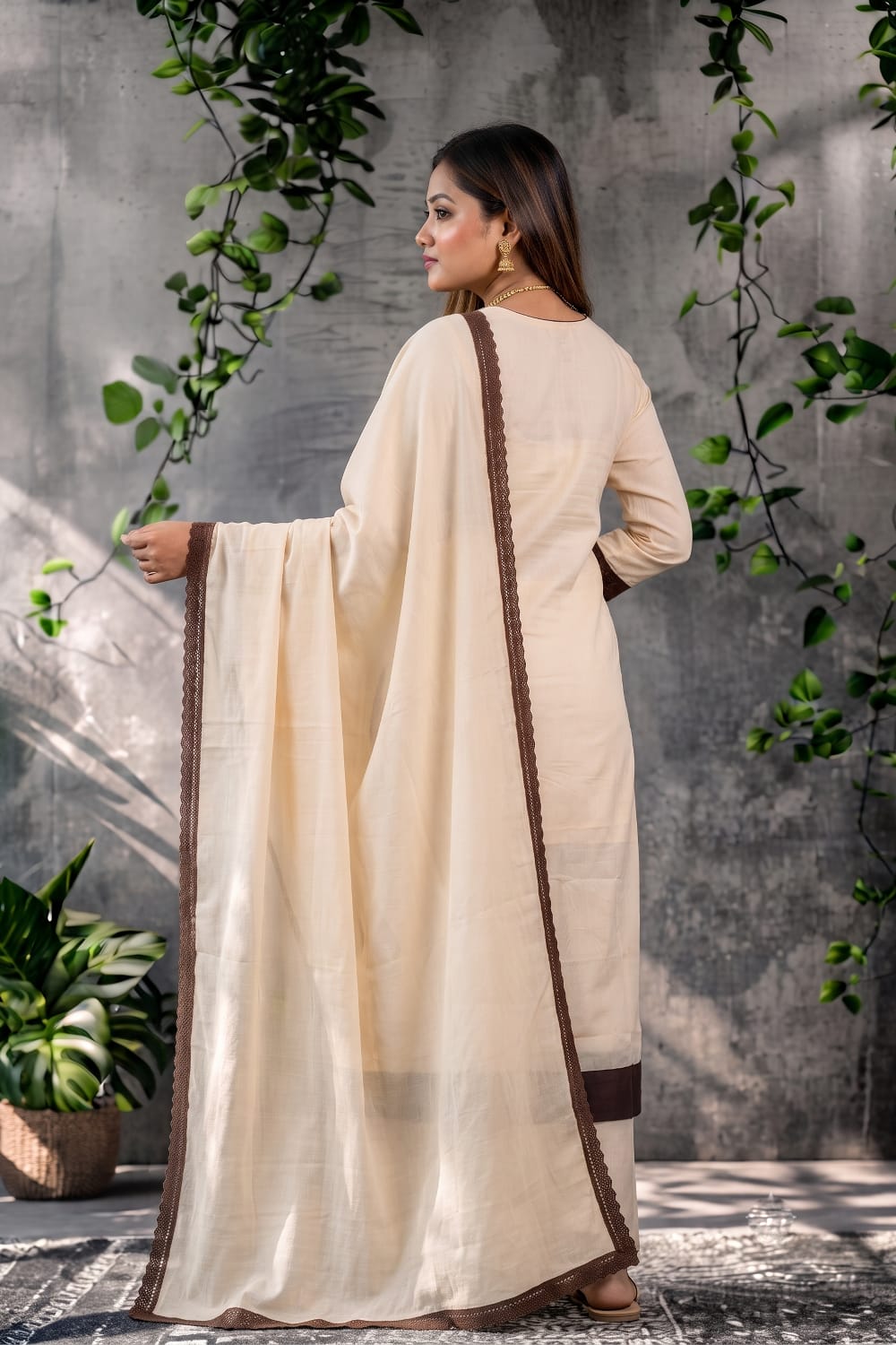 Cream & Brown Embroidered Kurti Set with Pant & Dupatta - Bhingadi | Maltoz