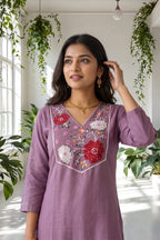 Lavender Embroidered Kurti Set with Pant & Printed Organza Dupatta | Maltoz