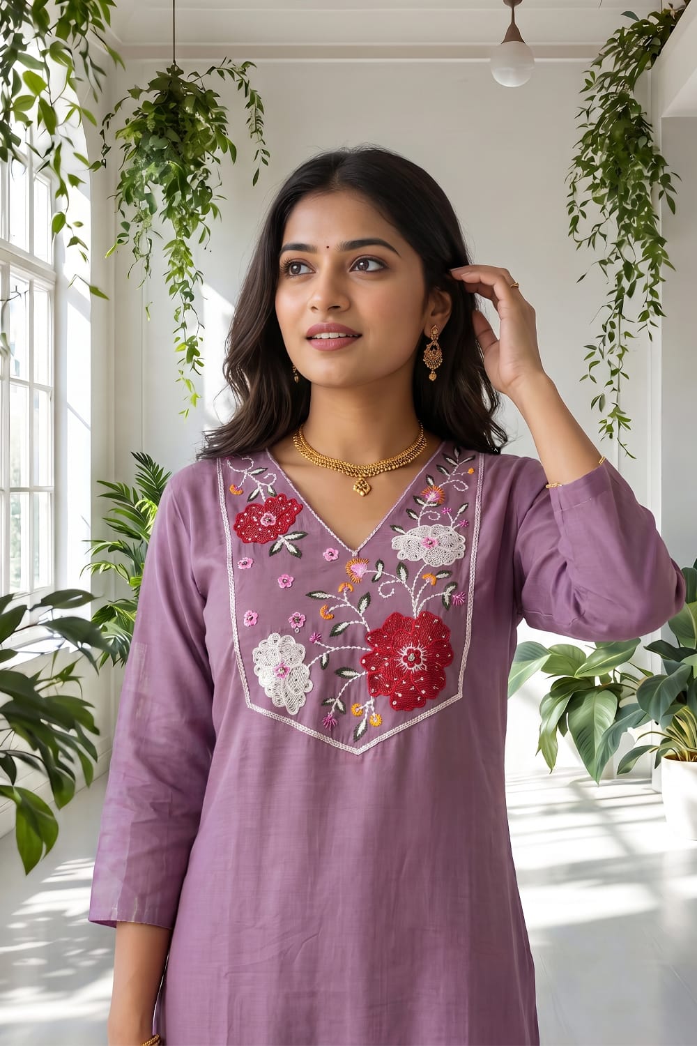 Lavender Embroidered Kurti Set with Pant & Printed Organza Dupatta | Maltoz