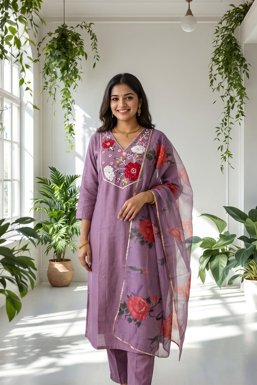 Lavender Embroidered Kurti Set with Pant & Printed Organza Dupatta | Maltoz