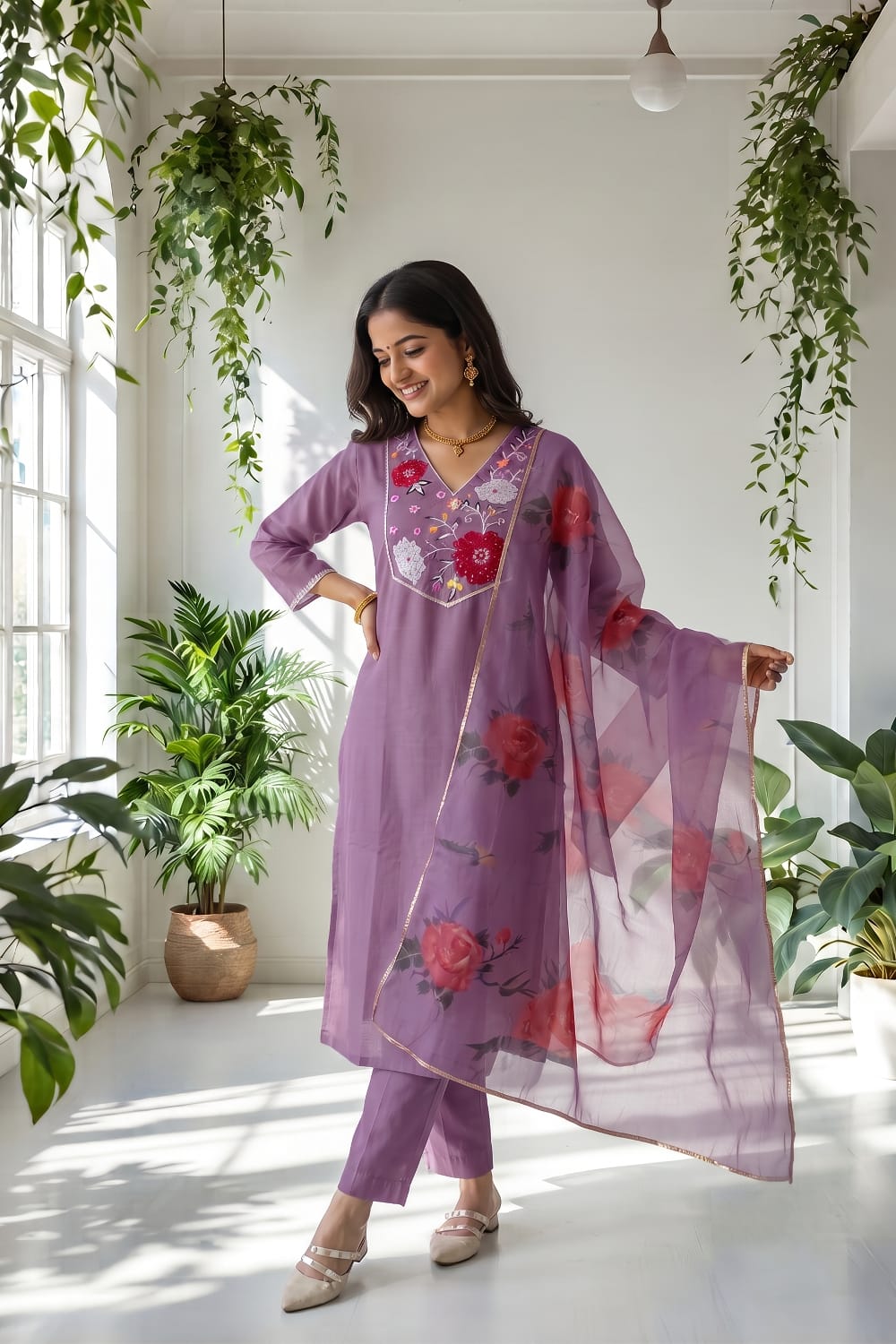 Lavender Embroidered Kurti Set with Pant & Printed Organza Dupatta | Maltoz
