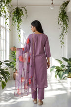 Lavender Embroidered Kurti Set with Pant & Printed Organza Dupatta | Maltoz