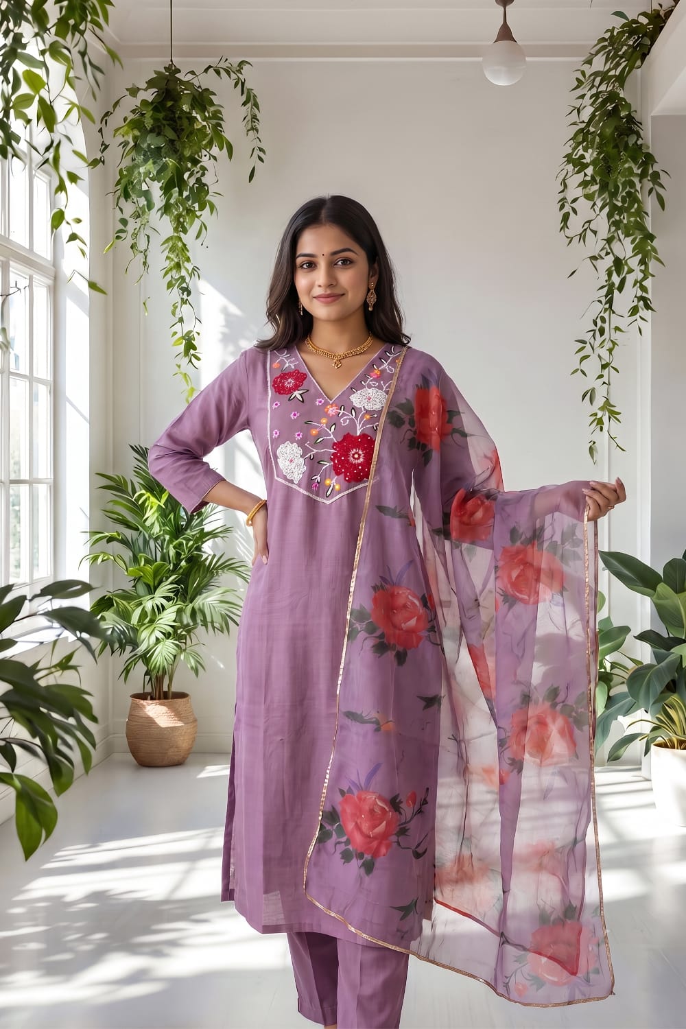 Lavender Embroidered Kurti Set with Pant & Printed Organza Dupatta | Maltoz