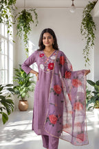 Lavender Embroidered Kurti Set with Pant & Printed Organza Dupatta | Maltoz