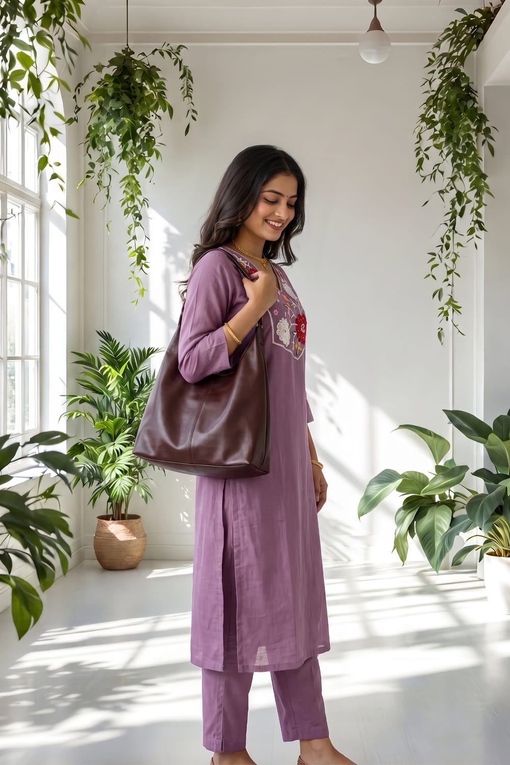 Lavender Embroidered Kurti Set with Pant & Printed Organza Dupatta | Maltoz
