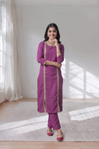 Plum Purple Kurti Set with Pant & Gold Lace Detailing | Maltoz