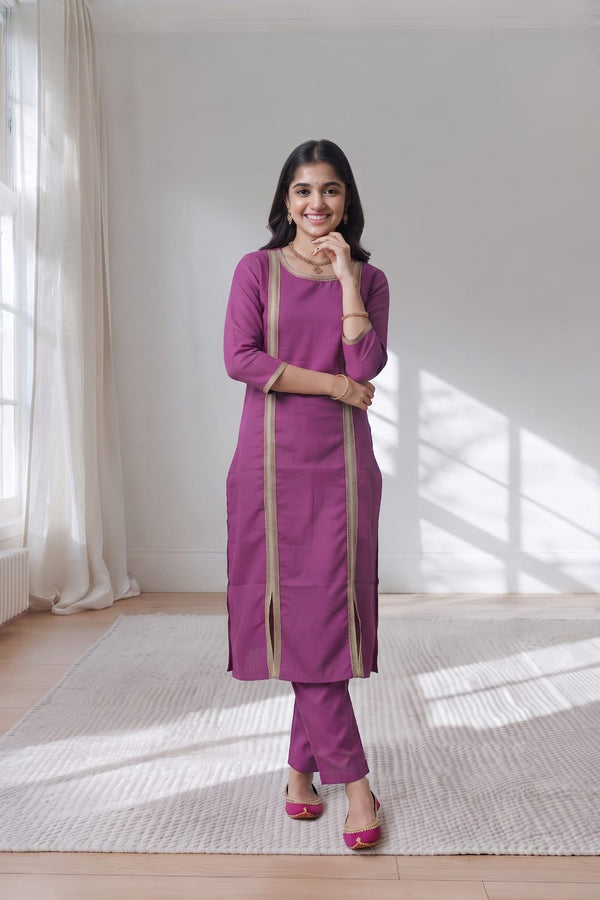 Plum Purple Kurti Set with Pant & Gold Lace Detailing | Maltoz
