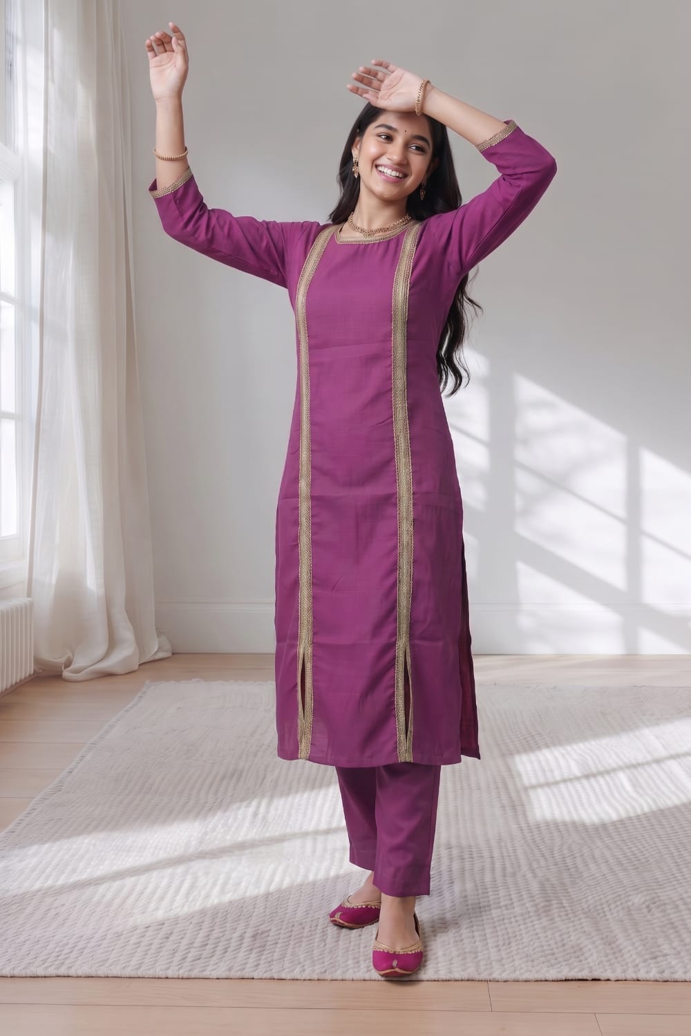 Plum Purple Kurti Set with Pant & Gold Lace Detailing | Maltoz
