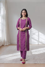 Plum Purple Kurti Set with Pant & Gold Lace Detailing | Maltoz