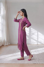 Plum Purple Kurti Set with Pant & Gold Lace Detailing | Maltoz