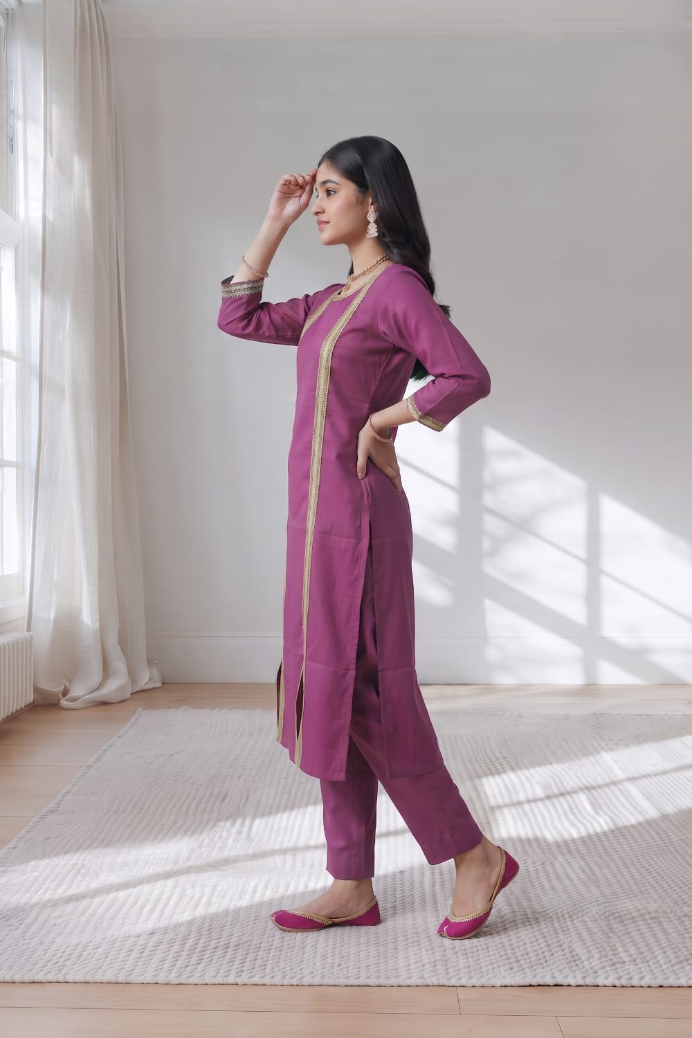 Plum Purple Kurti Set with Pant & Gold Lace Detailing | Maltoz