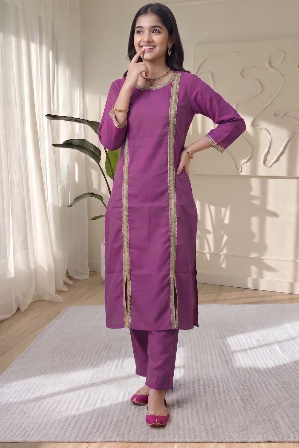 Plum Purple Kurti Set with Pant & Gold Lace Detailing | Maltoz