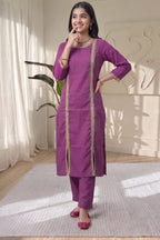 Plum Purple Kurti Set with Pant & Gold Lace Detailing | Maltoz