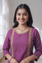 Plum Purple Kurti Set with Pant & Gold Lace Detailing | Maltoz