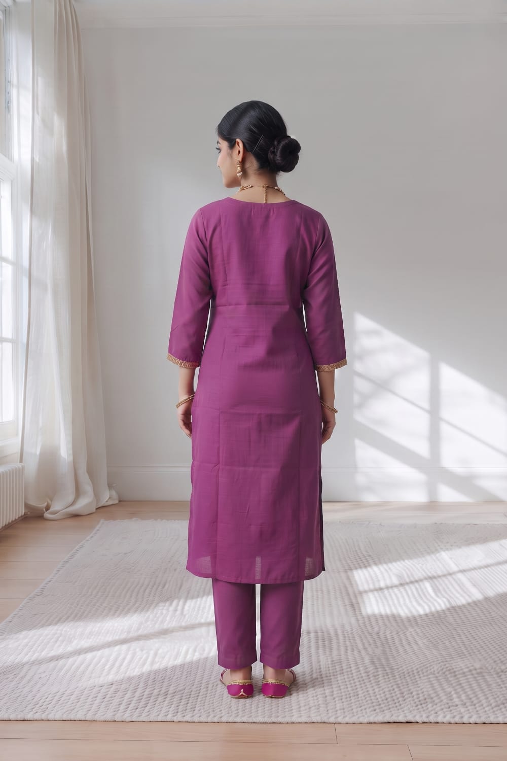 Plum Purple Kurti Set with Pant & Gold Lace Detailing | Maltoz