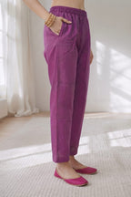 Plum Purple Kurti Set with Pant & Gold Lace Detailing | Maltoz