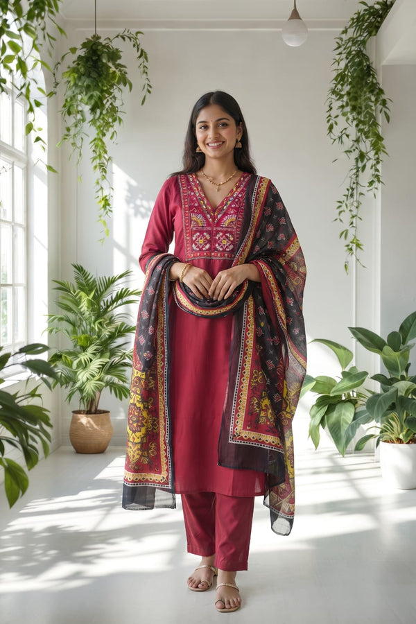 Maroon Embroidered Kurti Set with Pant & Printed Chanderi Dupatta | Maltoz