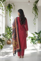 Maroon Embroidered Kurti Set with Pant & Printed Chanderi Dupatta | Maltoz