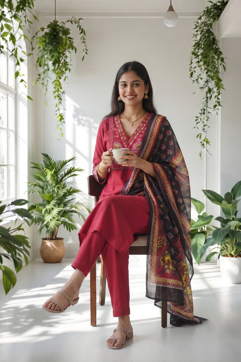 Maroon Embroidered Kurti Set with Pant & Printed Chanderi Dupatta | Maltoz