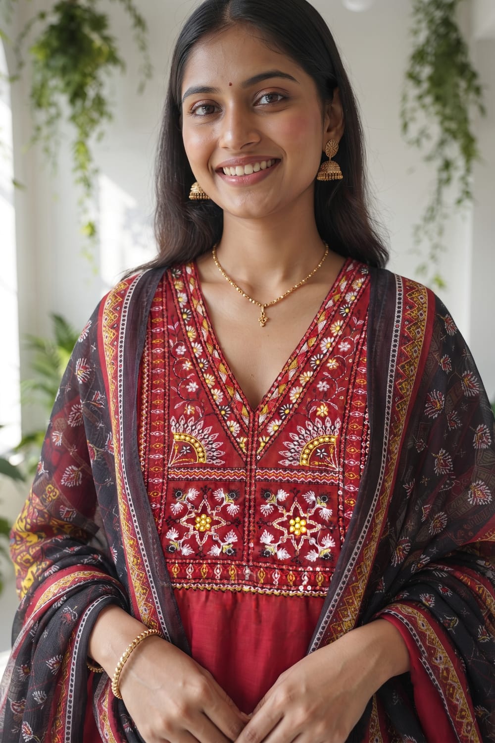 Maroon Embroidered Kurti Set with Pant & Printed Chanderi Dupatta | Maltoz