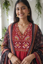 Maroon Embroidered Kurti Set with Pant & Printed Chanderi Dupatta | Maltoz