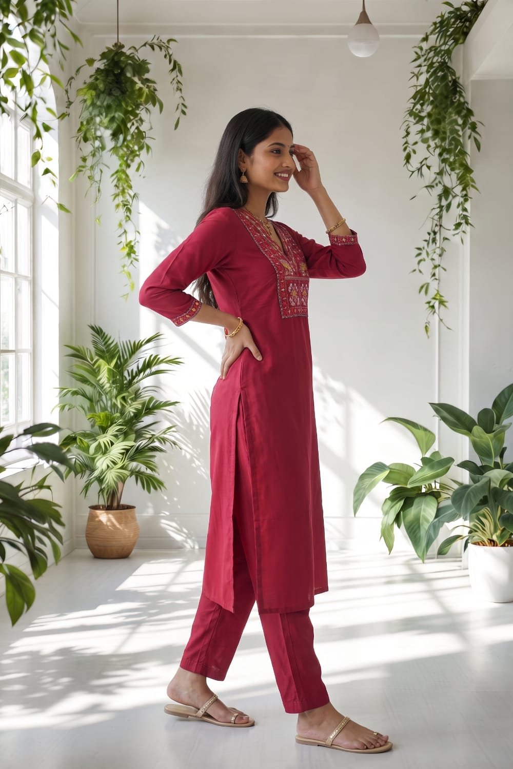 Maroon Embroidered Kurti Set with Pant & Printed Chanderi Dupatta | Maltoz