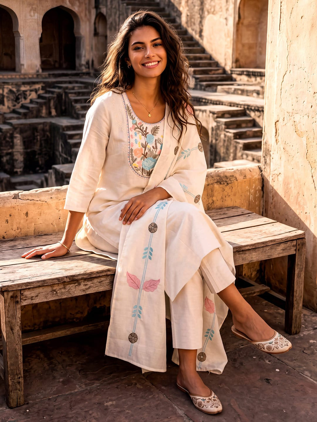 Off White Embroidered Kurti Set with Pant & Embroidered Dupatta | Maltoz