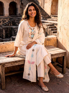 Off White Embroidered Kurti Set with Pant & Embroidered Dupatta | Maltoz
