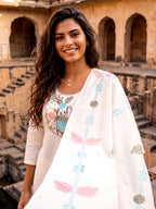 Off White Embroidered Kurti Set with Pant & Embroidered Dupatta | Maltoz