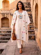 Off White Embroidered Kurti Set with Pant & Embroidered Dupatta | Maltoz