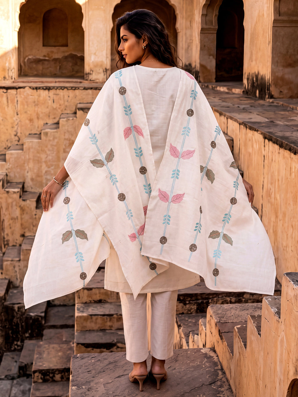 Off White Embroidered Kurti Set with Pant & Embroidered Dupatta | Maltoz