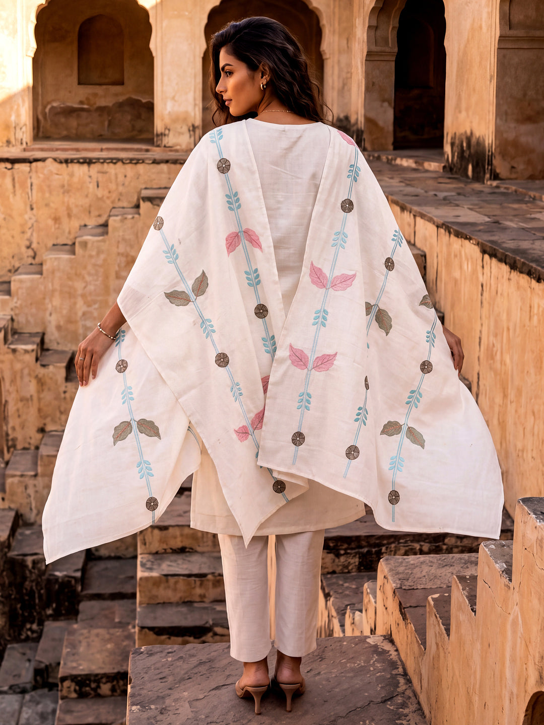 Off White Embroidered Kurti Set with Pant & Embroidered Dupatta | Maltoz