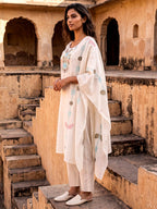 Off White Embroidered Kurti Set with Pant & Embroidered Dupatta | Maltoz