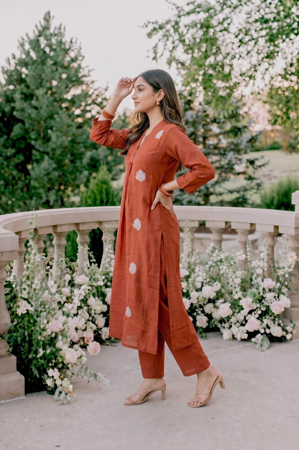 Rust Orange Embroidered Kurti Set with Pant & Dupatta | Maltoz
