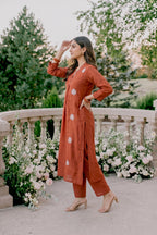 Rust Orange Embroidered Kurti Set with Pant & Dupatta | Maltoz